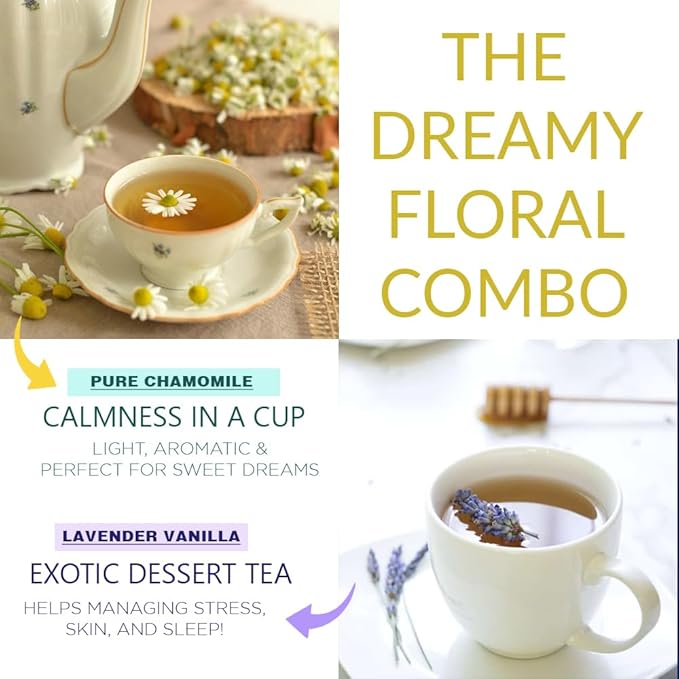CHAYAM Blissful Infusion – Lavender Vanilla (1.76oz) & Pure Chamomile (1.1oz) Wellness Tea Gift Set + Infuser Loose Leaf Black & Herbal Tea Tin Caddies | For Better Sleep & Relaxation