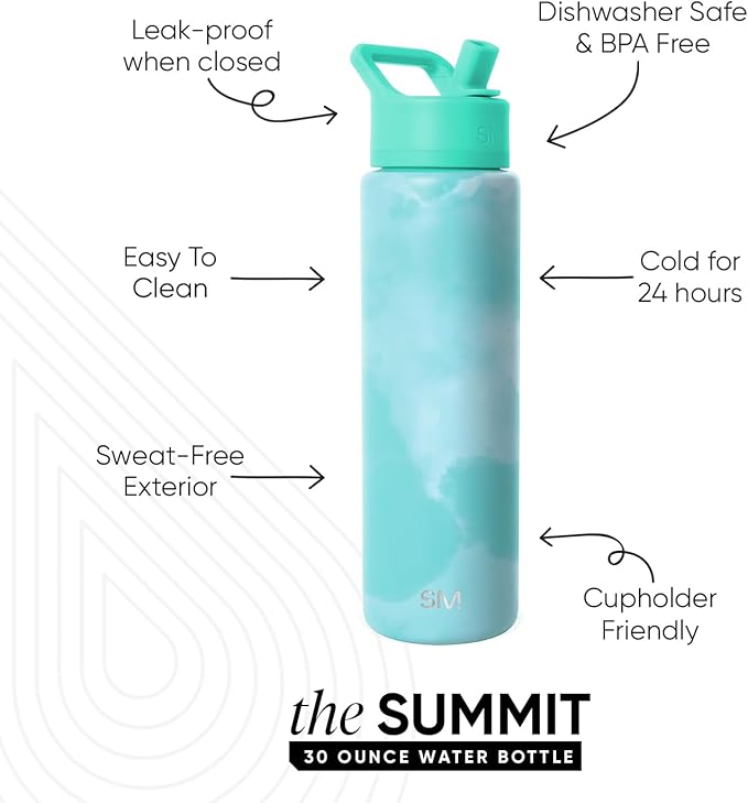 Simple Modern Summit Water Bottle with Straw Lid | Vacuum Insulated Stainless Steel | Leak Proof BPA-Free Cup for Travel, School, Sports | 30oz, Ocean Tide