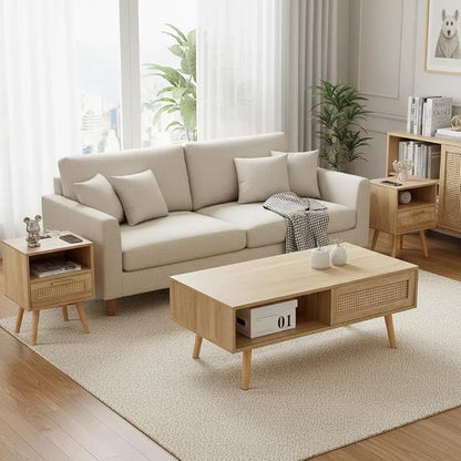 Rattan Center Table and Nightstand Set, 3-Piece Wood Living Room Table Set by YOUGUO