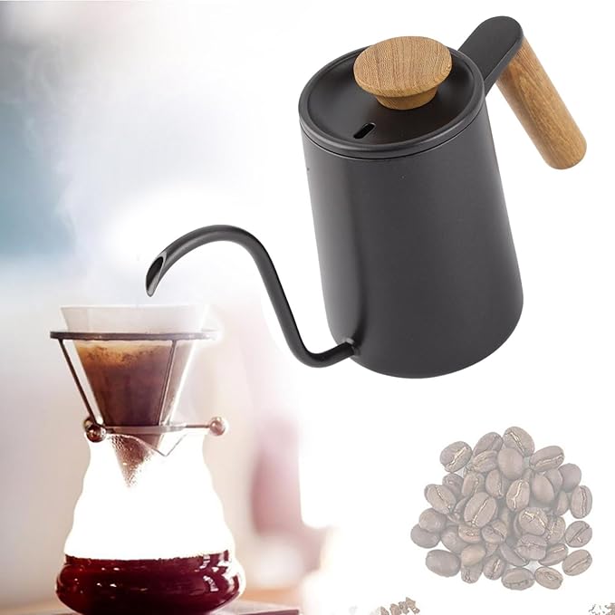 Pour Over Coffee Kettle 600ml - Stainless Steel Handle, Long Narrow Gooseneck Spout Drip Coffee Pot (Black)