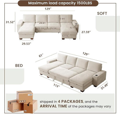 129" Convertible Sleeper Sofa Bed, L Shaped - Image 3