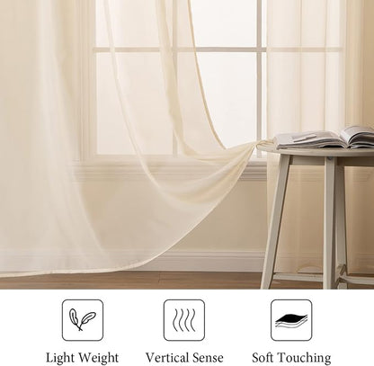 MIULEE Cream Beige Sheer Curtains 54 X 54 Inches, 2 Panels | Solid Color - Image 4
