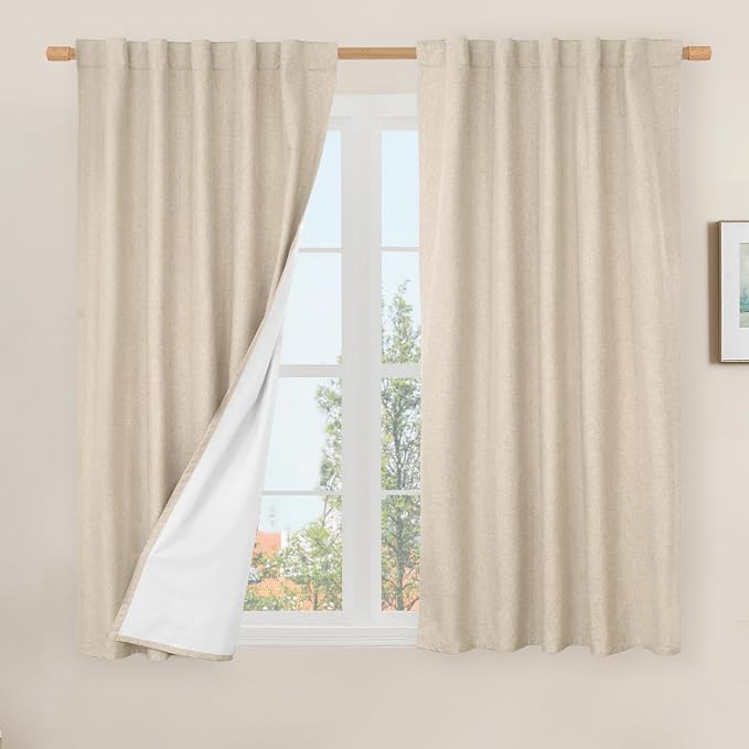 Natural 100% Blackout Polyester Curtains, 45 Inches Polyester Textured Thermal by LAMIT