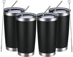 MEWAY 20oz Tumbler 4 Pack Double Wall Vacuum Insulated Travel Mug Bulk, Stainless Steel Tumblers with Lid and Straw, Durable Powder Coated Coffee Cups for Cold & Hot Drinks (Black, 4)
