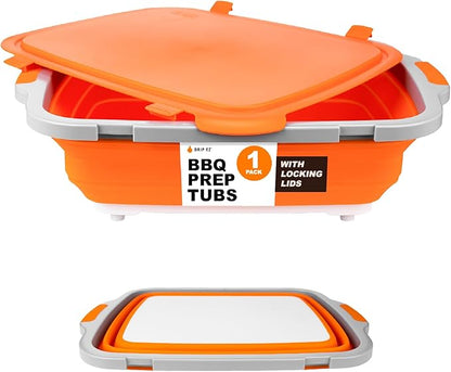 Drip EZ Collapsible BBQ Prep Tub - For Meal Prep Marinating Food Storage - Includes Cutting Board & Locking Lid - (1) XL - Orange