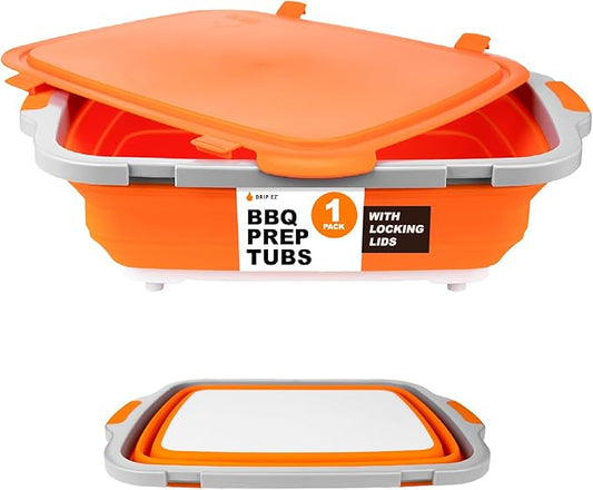 Drip EZ Collapsible BBQ Prep Tub - For Meal Prep Marinating Food Storage - Includes Cutting Board & Locking Lid - (1) XL - Orange