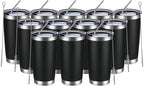 MEWAY 20oz Tumbler 12 Pack Double Wall Vacuum Insulated Travel Mug Bulk, Stainless Steel Tumblers with Lid and Straw, Durable Powder Coated Coffee Cups for Cold & Hot Drinks (Black, 12)