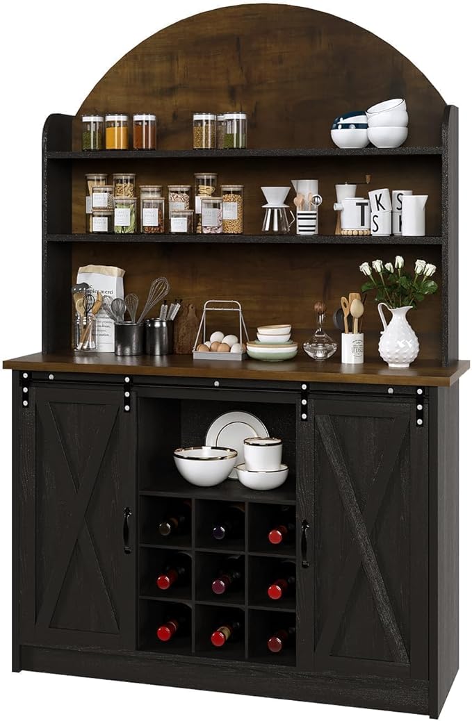 63" Farmhouse Coffee Bar Cabinet with Storage, Black Coffee Bar with Sliding Doors & Wine Racks, Hutch Cabinet with Storage, Adjustable Shelves, Wine Bar for Kitchen Living Dining Room, Black