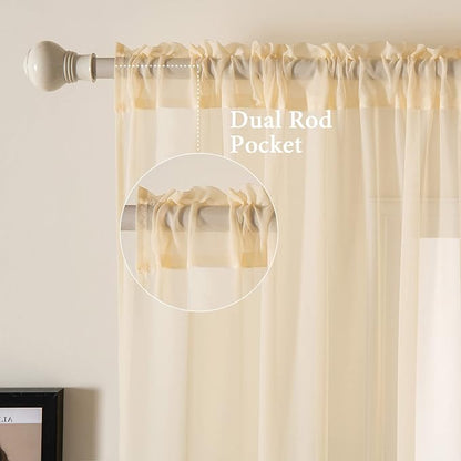 MIULEE Cream Beige Sheer Curtains 54 X 54 Inches, 2 Panels | Solid Color - Image 2