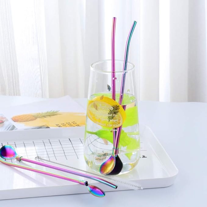 Straw Spoon, 8PCS 8.5inch Rainbow 18/8(304) Stainless Steel Metal Straws Reusable + 2 Brushes