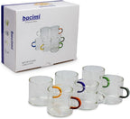 Bacimi® Clear Espresso Cups with Colorful Handles - Set of 6 / 4oz / 120ML - Borosilicate Glass Mugs for Cappuccino, Tea, Latte, & Hot Beverage - Mini Drinking Cups - Microwave Safe