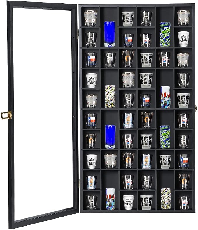 Shot Glass Display Case Large Wooden Cabinet Rack Holder Wall Mounted Black by SNAIL