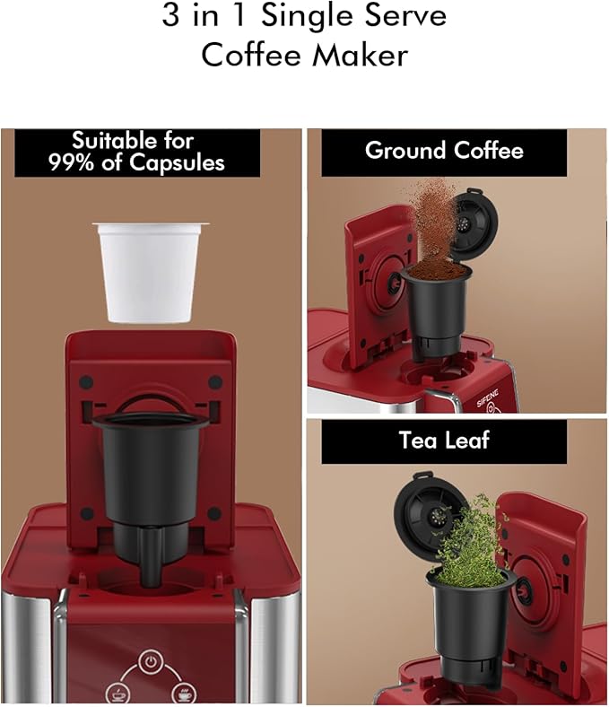 3-in-1 Capsule Coffee Machine - Single Serve Brewer for Coffee Pods, Ground Coffee, & Loose Tea, 6-10oz Brew Sizes, 50oz Removable Tank, 1150W (Red)