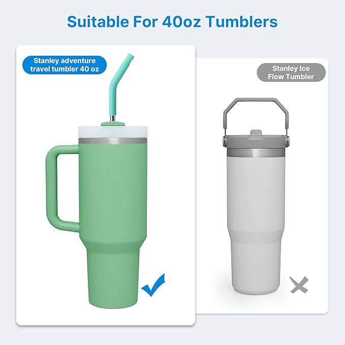 2 Pcs Stainless Steel Straws for 40 oz Stanley Tumbler, Replacement 40 oz Stanley Cup Straw Accessories with Silicone Tips and Cleaning Brush (Teal)