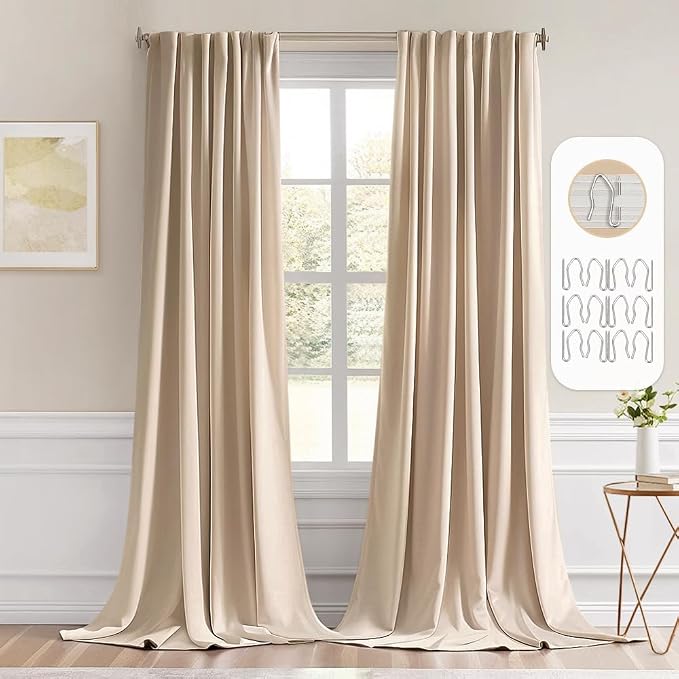 MIULEE Beige Back Tab Blackout Curtains 52x102 Inch Long 2 Panels Set | Rod by MIULEE