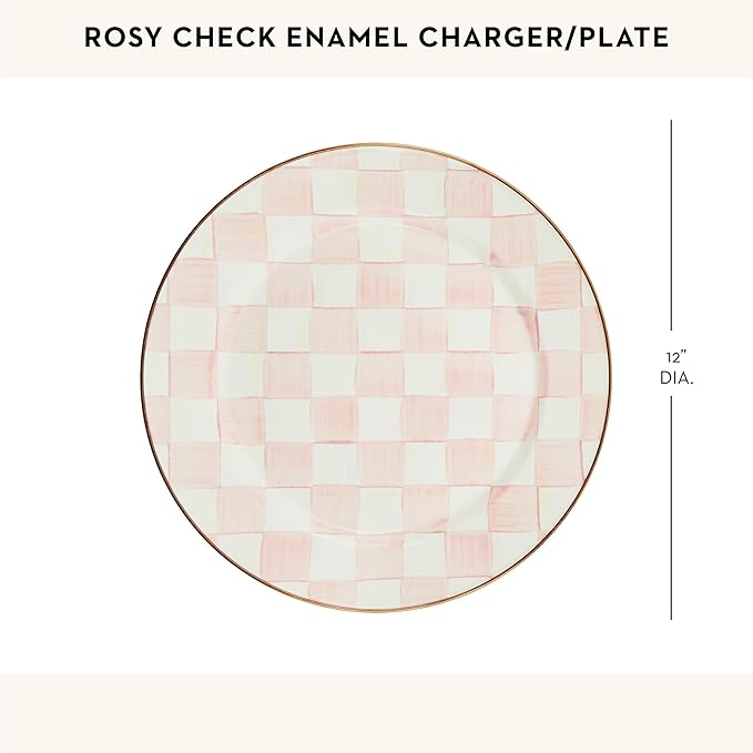 MACKENZIE-CHILDS Enamel Charger Plate, Charger Decoration for Dinner Plates or Home Decor, 12 Inches, Pink-and-White Rosy Check, Set of 1