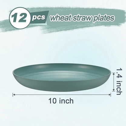 12 Pcs Unbreakable Deep Dinner Plates Set, 10 inch Reusable Plastic Wheat Straw Plates, Microwave and Dishwasher Safe Plate for Kitchen, Lightweight Plate for Dessert, BPA Free, 4 Colors