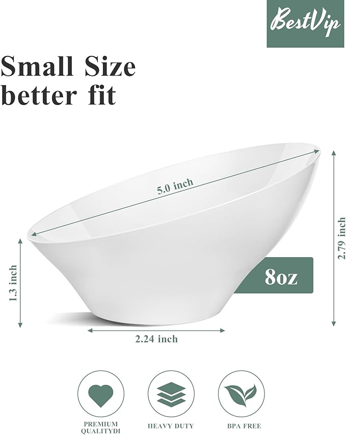 BESTVIP 8oz White Plastic Serving Bowls for Party - 12 Pack Angled Disposable Serving Bowls, Party for Chips, Snacks, Fruit, Salad - Bowls for Parties, Daily Use, Catering, Christmas