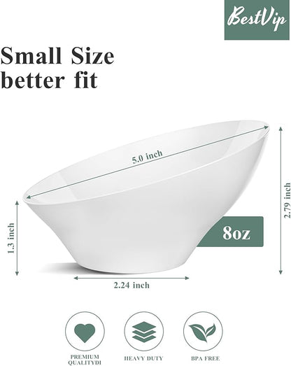 BESTVIP 8oz White Plastic Serving Bowls for Party - 12 Pack Angled Disposable Serving Bowls, Party for Chips, Snacks, Fruit, Salad - Bowls for Parties, Daily Use, Catering, Christmas