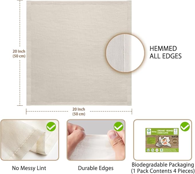 Organic Cheese Cloths, GOTS Certified, 4PCS, Grade 100,20x20Inch Hemmed Cheese Cloth Fabric Reusable Fine Mesh Cloth, 100% Cotton Unbleached Muslin Cheesecloth for Straining, Cooking, Butter,Tea,Tofu