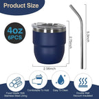 4oz Stackable Cup, Vacuum Insulated Espresso Cup Set of 6, Espresso Shot Cup for Coffee, Double Wall Stainless Steel Mini Tumbler Shot Glasses with Straw and Lid (A-navy6P, 4oz)