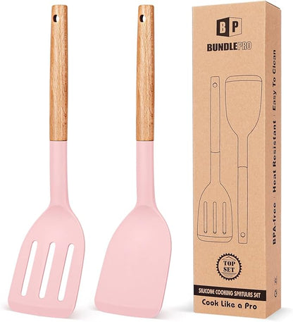 Pack of 2 Silicone Cooking Spatula, Heat Resistant Solid Turner, Non Stick Slotted Spatulas with Wooden Short Handle,Ideal Wood Kitchen Utensils Set for Frying, Baking, Flipping, Turning