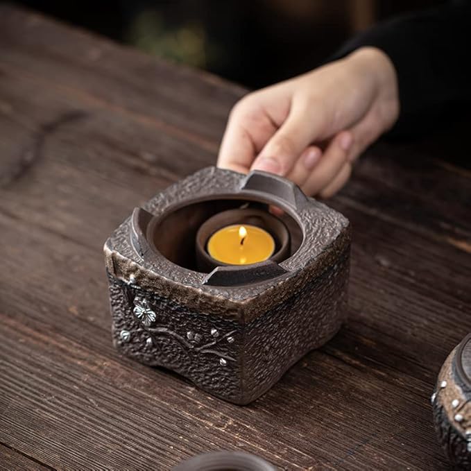 Teapot Warmer Matte Classic Retro Ceramic Universal Tea Warmer Stand Set with Candle Holder Japanese Style for Warming Tea, Coffee and Milk etc.
