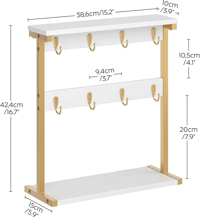 Coffee Mug Holder for Counter, 2 Tier Mug Tree Rack, with 8 Hook and 2 Open Shelves, Vintage Mug Holder Stand for Home Kitchen, White and Gold MH43DW