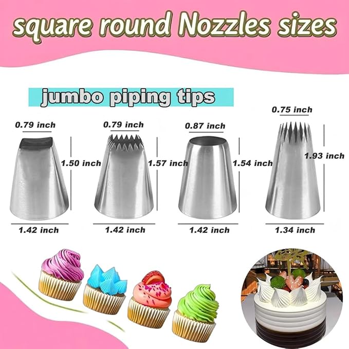 Extra large piping tips set, stainless steel round piping tips,star square wide piping tip jumbo piping tips, Cake DecoratingTips for Cupcakes Pastry Fondant Cakes Decorating （F02 9FT F06 R22L)