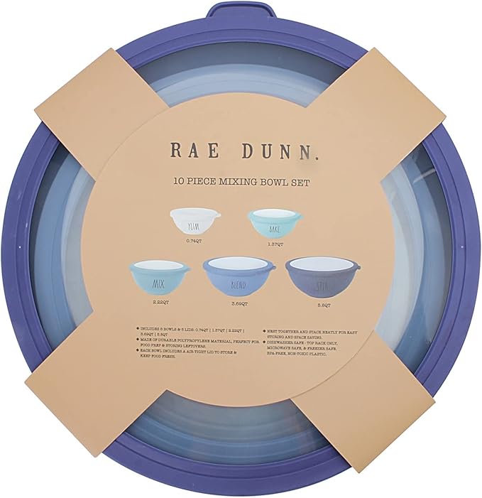 Rae Dunn Mixing Bowls with Lids - 10 Piece Plastic Nesting Bowls Set includes 5 Prep Bowls and 5 Lids (Blue Ombre)