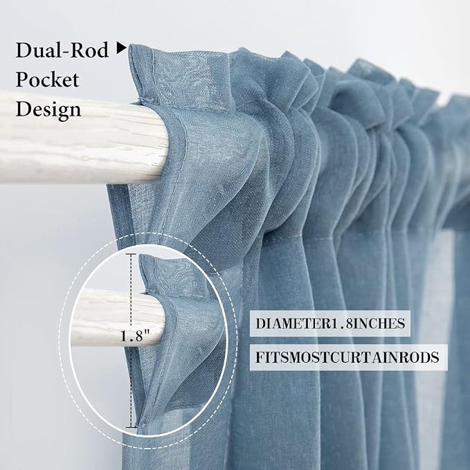 MIULEE Dusty Blue Linen Textured Semi-Sheer Curtains 54W×84L 2 Panels | Semi - Image 2