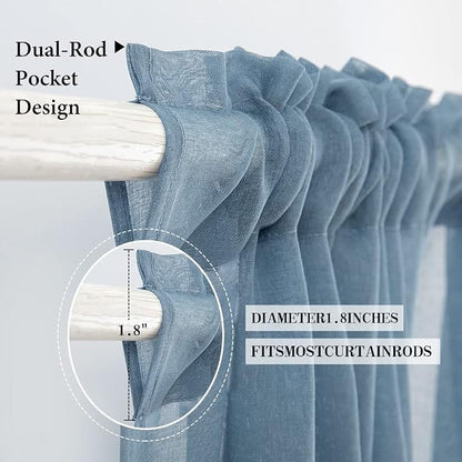 MIULEE Dusty Blue Linen Textured Semi-Sheer Curtains 42W×63L 2 Panels | Semi - Image 2
