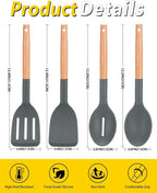 Pack of 4 Silicone Cooking Utensils Set, Non Stick Solid Spatulas and Heat Resistant Slotted Spoons with Wooden Handle, Ideal Wood Kitchen Utensils Set for Frying,Serving,Turning,Stirring (GRAY)