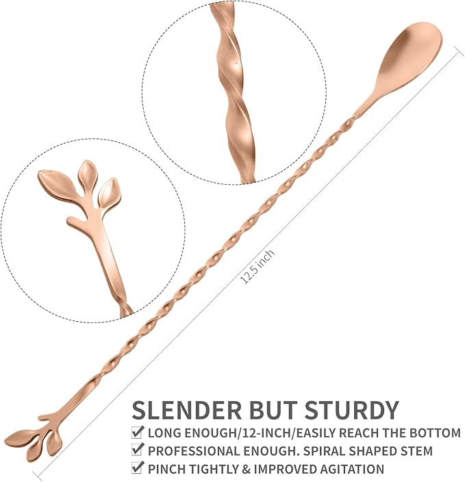 AnSaw Rose Gold 12-Inch Stainless Steel Cocktail Spoon with Leaf Handle - Perfect for Mixing & Layering Drinks in Tall Cups, Bar & Shakers - Durable Long Handle Bar Stirrer,1-Pieces