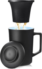 15 OZ Porcelain Tea Infuser Cup with Lid,Ceramic Tea Mug with All-Porcelain Strainers for Loose Leaf Teas,Microwave and Dishwasher Safe Coffee Mug,Metal-Free,BPA-Free,Gifts for Tea-Lover (Black)