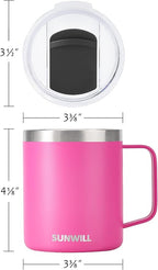 SUNWILL Travel Coffee Mugs Set of 4, Insulated Tumbler with Lid, 14oz Stainless Steel Cup with Handle Bulk for Gift, Camping, Office, Powder Coated Charcoal, Royal Blue, Magenta, Yellow