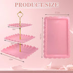 5 Pcs Dessert Table Display Set, Pink Plastic 2 Pcs Square 3 Tier Cupcake Stand Cup Cake Tower Stand with Metal Rod & 3 Pcs Serving Tray for Baby Shower, Tea Party, Wedding, Birthday Party