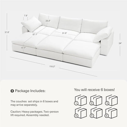 Cloud Couch Sectional 113.8'' Oversized Modular Deep Seat Sofa Bed Comfy White - Image 2