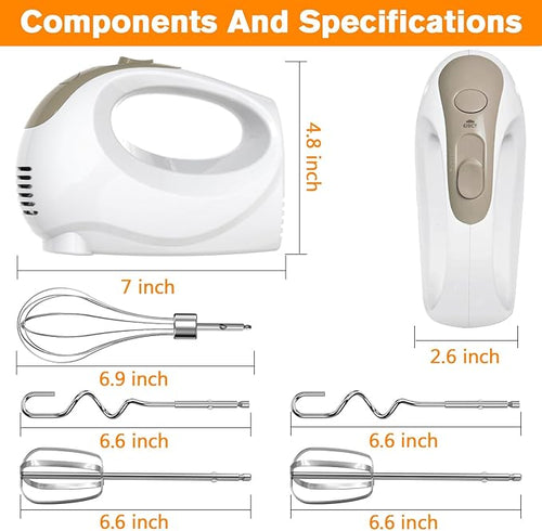 5-Speed Electric Hand Mixer with Whisk, Traditional Beaters, 120 Watts,Portable & Lightweight, Blending or Cooking, Brown