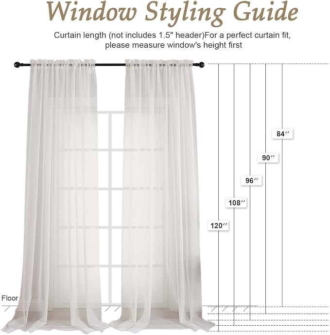 Ivory Sheer Curtains 84 Inches Long 2 Panels Set, Light Filtering Sheer Curtains - Image 2