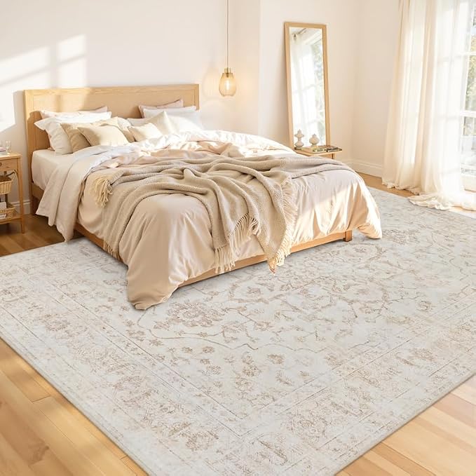10x12 Area Rugs Living Room: Bedroom Washable Carpet Warm Beige | Vintage Boho - Image 2