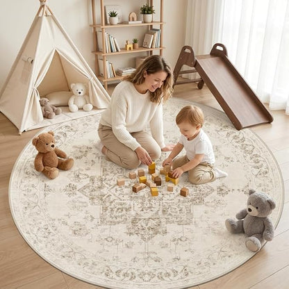 Round Area Rug Living Room: 6ft Washable Carpet Beige/Ivory | Vintage Boho - Image 3
