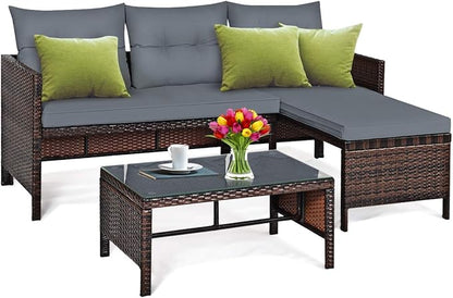 Tangkula Patio Corner Sofa Set 3 Piece, Outdoor Rattan Sofa Set, Includes by TANGKULA