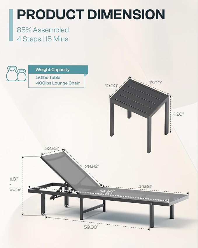 Lounge Chair Outdoor with Wheels, Aluminum Chaise Lounge Outdoor Chair with 5 - Image 2
