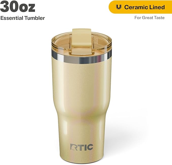 RTIC 30oz Essential Tumbler with Lid, Insulated, Stainless Steel, Metal, Double Wall Vacuum-Insulation, Ceramic Lined, Travel Cup for Iced Coffee, Tea, Hot and Cold Drink, Sunlight Glitter