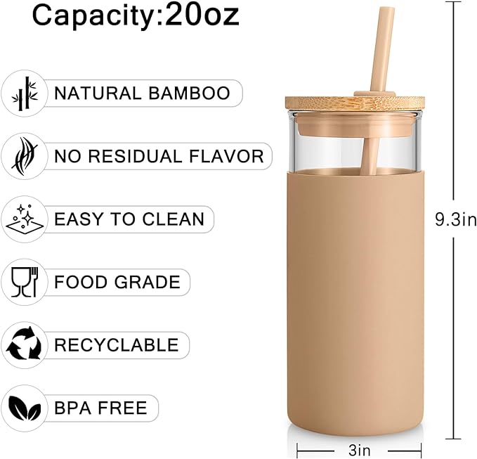 Tronco 20 oz Glass Tumbler Glass Water Bottle Straw Silicone Protective Sleeve Bamboo Lid - BPA Free - Black/2 Pack