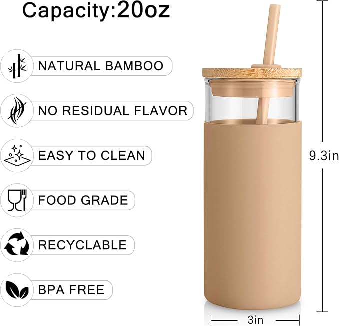 Tronco 20 oz Glass Tumbler Glass Water Bottle Straw Silicone Protective Sleeve Bamboo Lid - BPA Free (Terrazzo Blush)