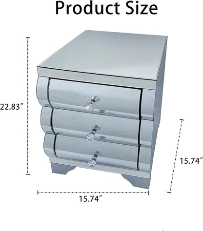 Curved Mirror Nightstand with 3 Drawer Glass Bedside Table - Image 2