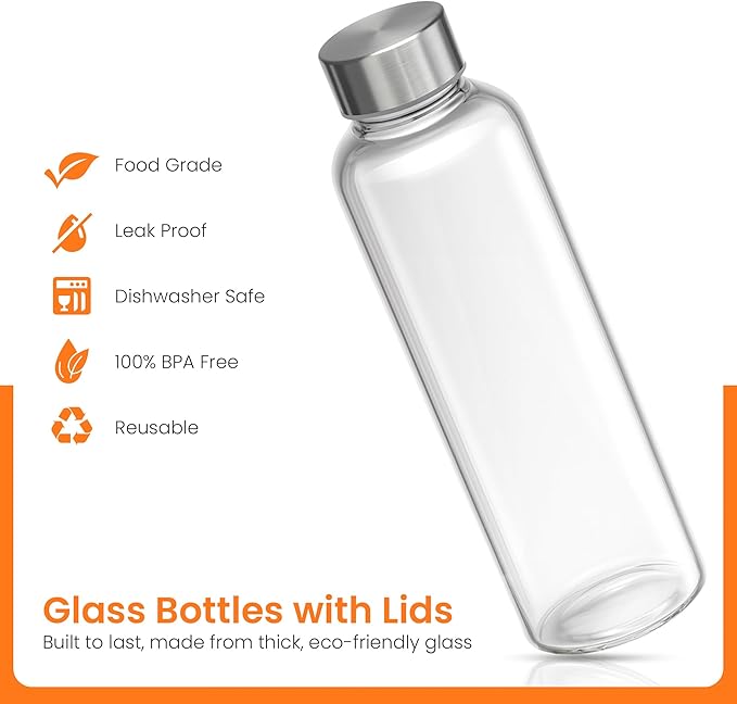 Epica 18-Oz Glass Water Bottles with Lids, Juice Bottles - BPA Free & Eco-Friendly Reusable Refillable Bottles for Juicing, Set of 4 - Clear