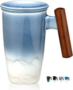 suyika Tomotime Tea Cup with Infuser and Lid 400ml Ceramic Tea Mugs Smooth Inner Wall Wooden Handle 13.5 oz,Blue